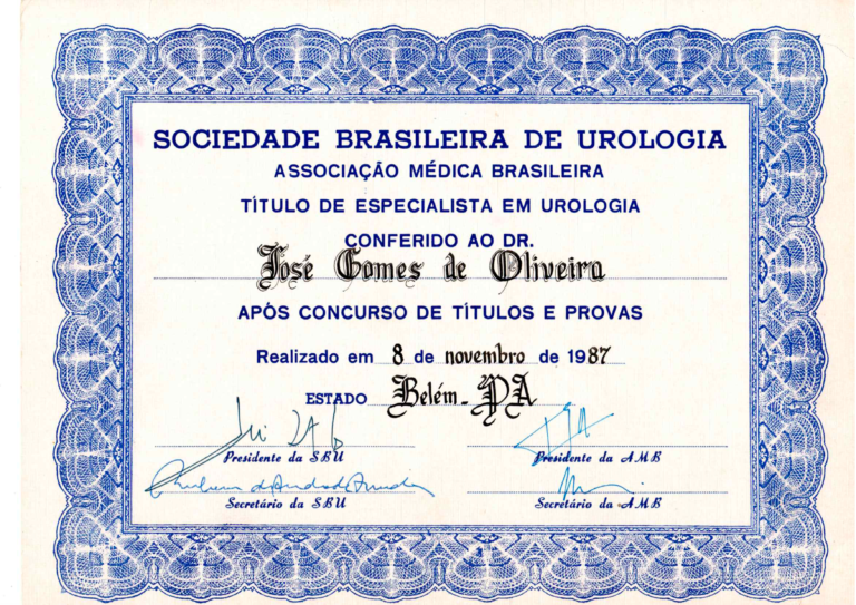 1987 - TÃ_tulo de Especialista em Urologia (frente)
